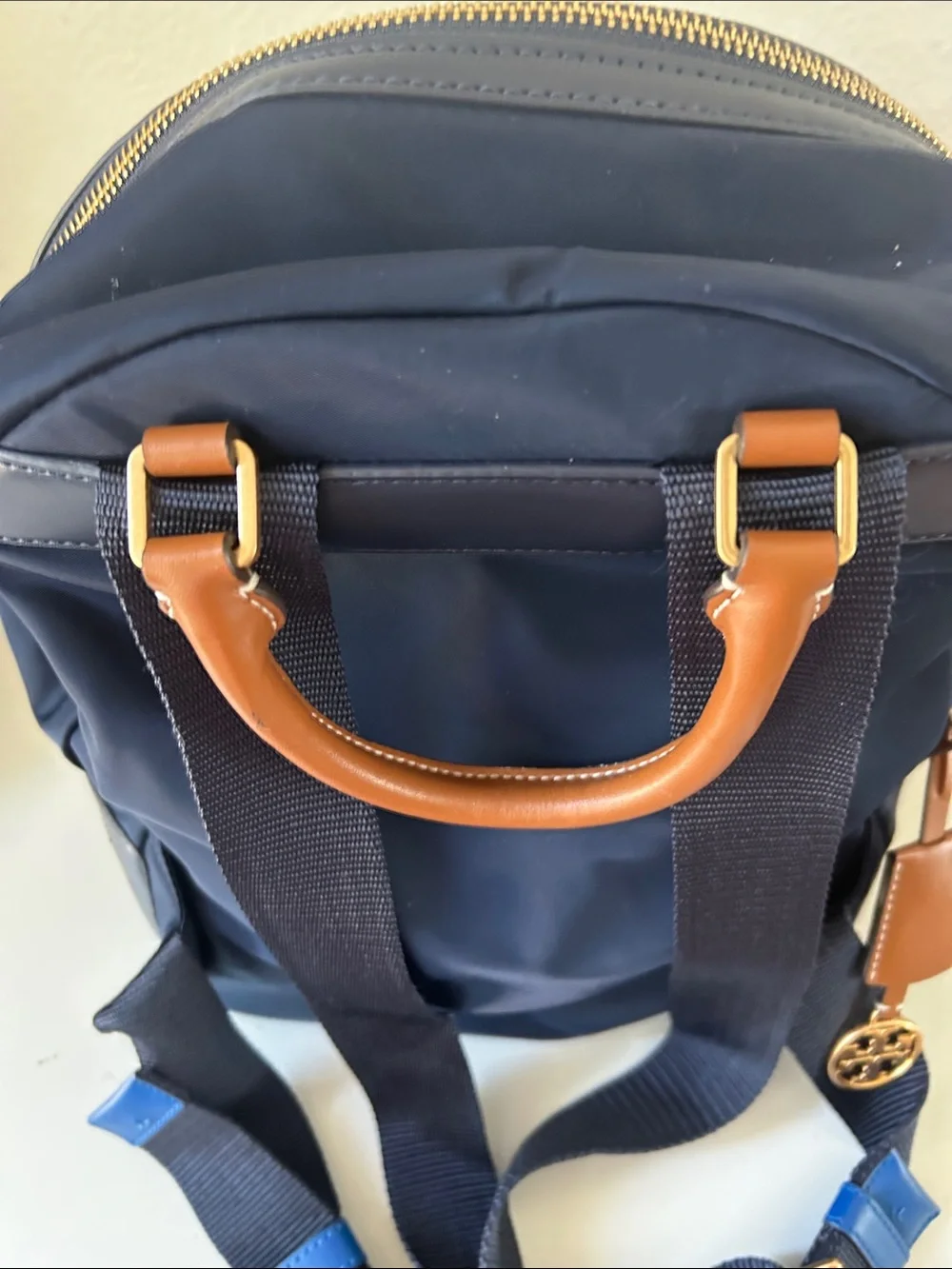 Tory Burch Navy Backpack with Bright Blue Zip Accents